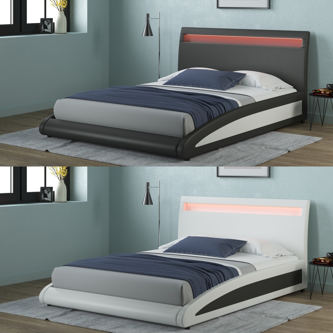 NEPTUNE LED LIGHTS HEADBOARD GAMING STYLE FAUX LEATHER BED FRAME - Picture 8 of 21