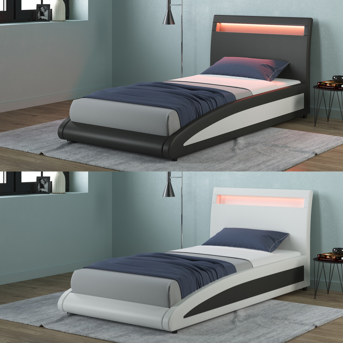 NEPTUNE LED LIGHTS HEADBOARD GAMING STYLE FAUX LEATHER BED FRAME - Picture 9 of 21