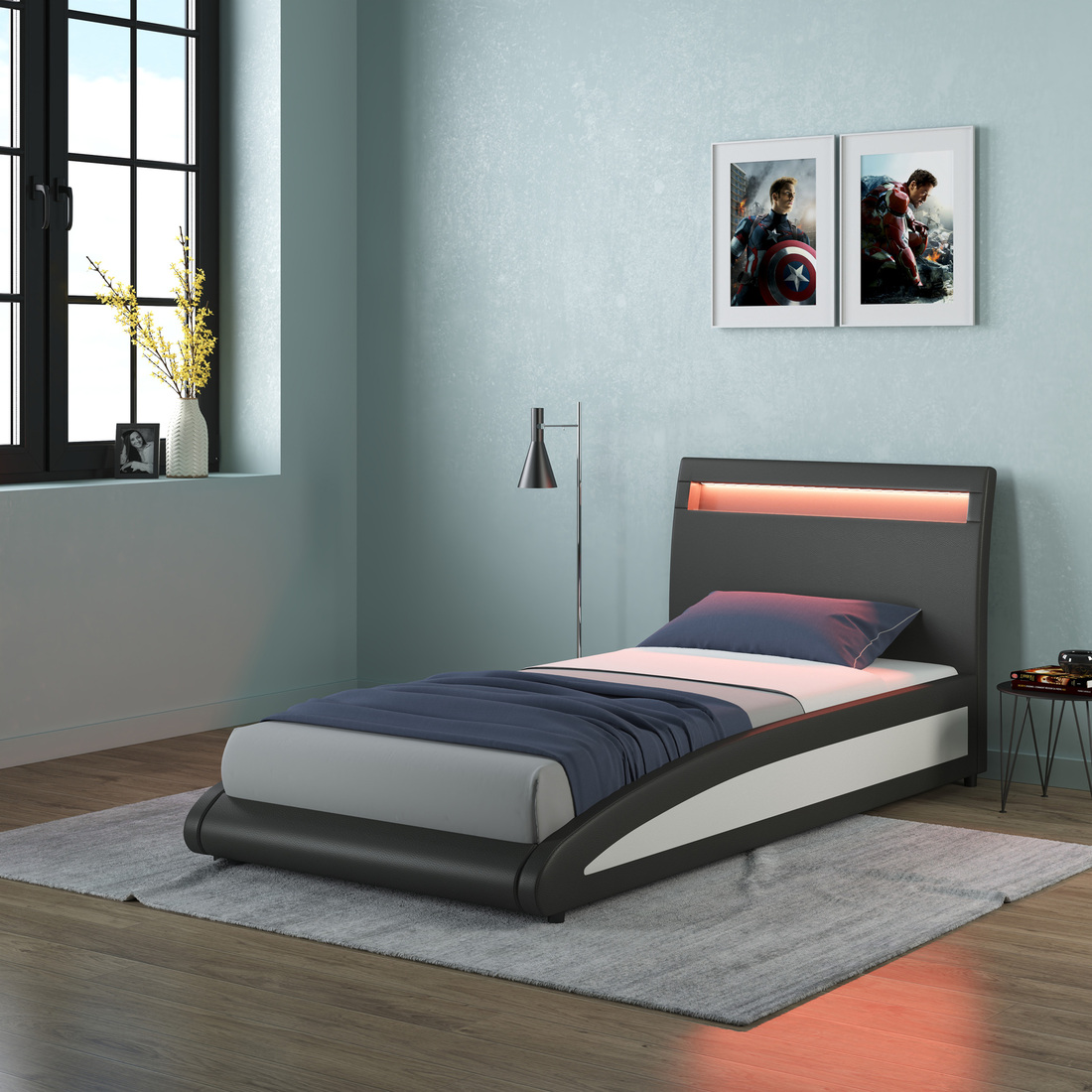 NEPTUNE LED LIGHTS HEADBOARD GAMING STYLE FAUX LEATHER BED FRAME - Picture 10 of 21