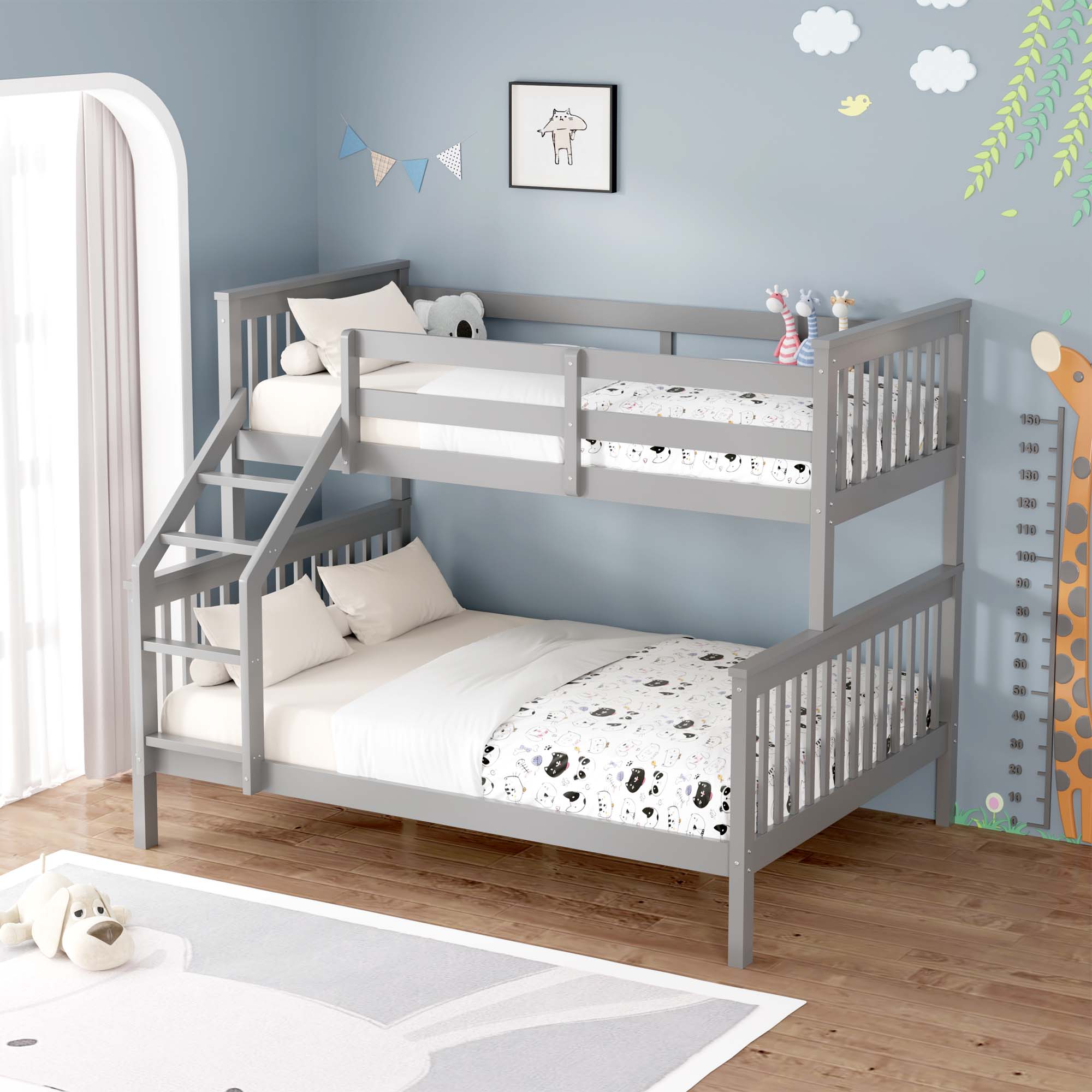 NOAH GREY WOODEN TRIPLE SLEEPER BUNK BED SINGLE & DOUBLE