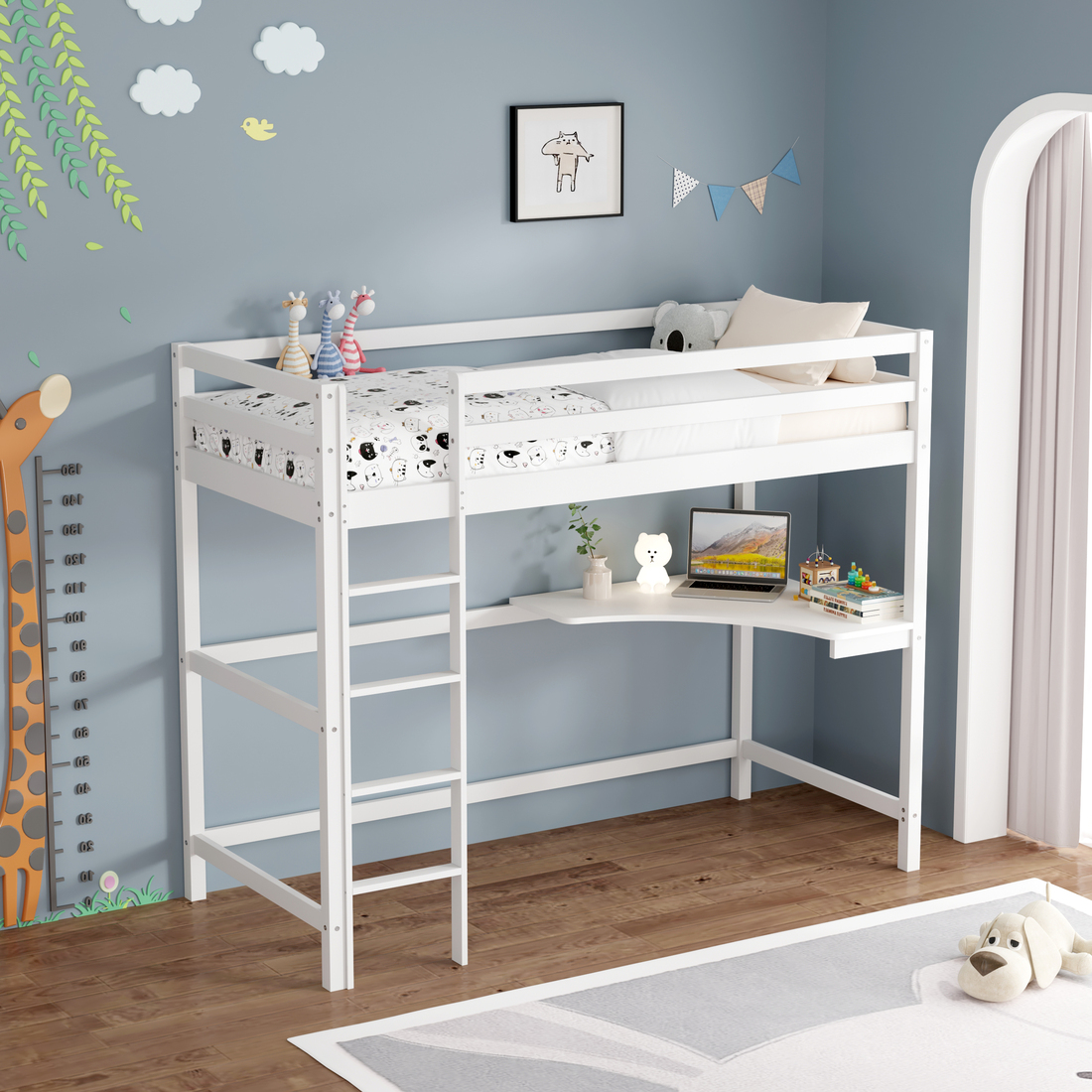 POPPY WHITE WOODEN HIGH SLEEPER BUNK BED WITH DESK