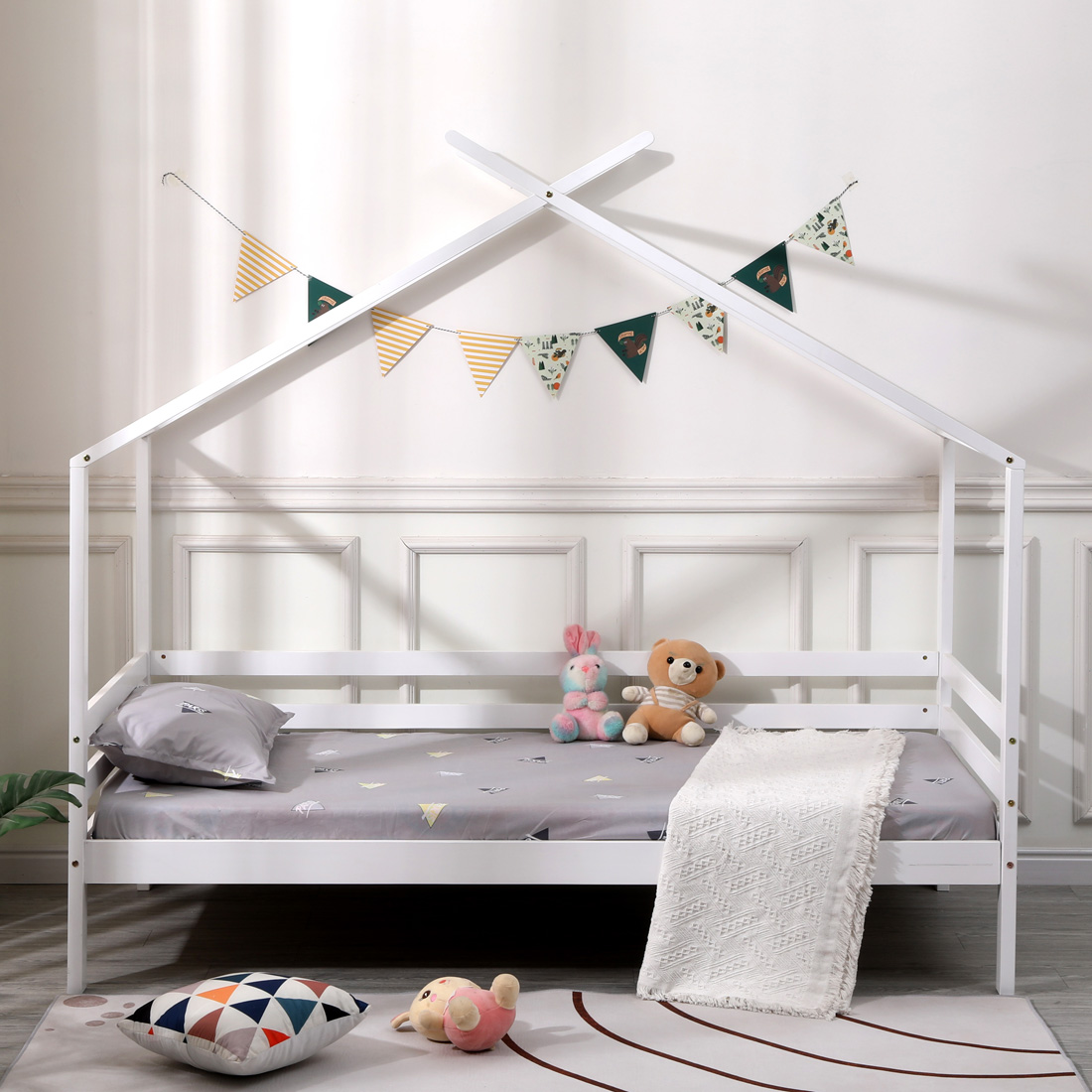 TEDDY KIDS WOODEN HOUSE TREEHOUSE SINGLE BED FRAME - WHITE/GREY ...