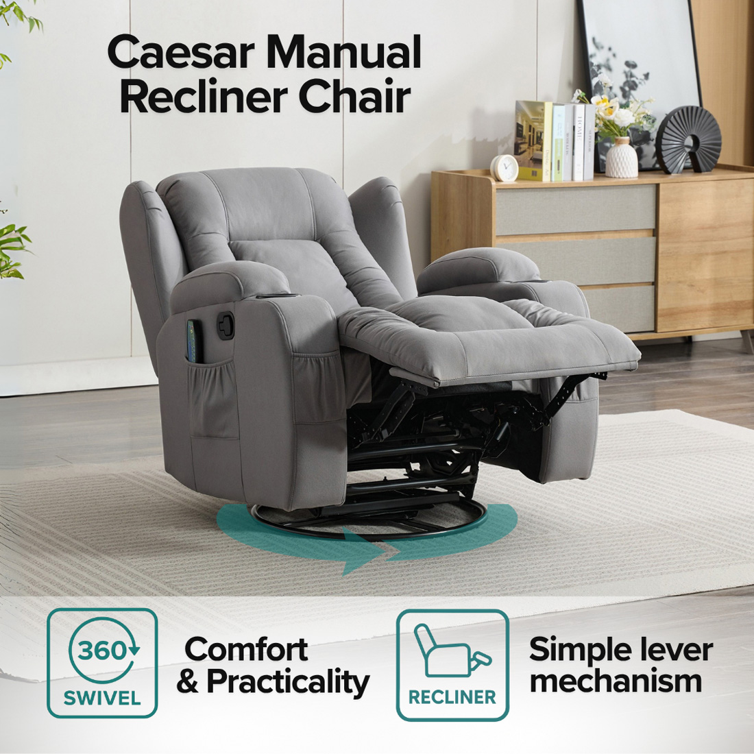 CAESAR 10 IN 1 WINGED LEATHER RECLINER CHAIR ROCKING MASSAGE SWIVEL ...