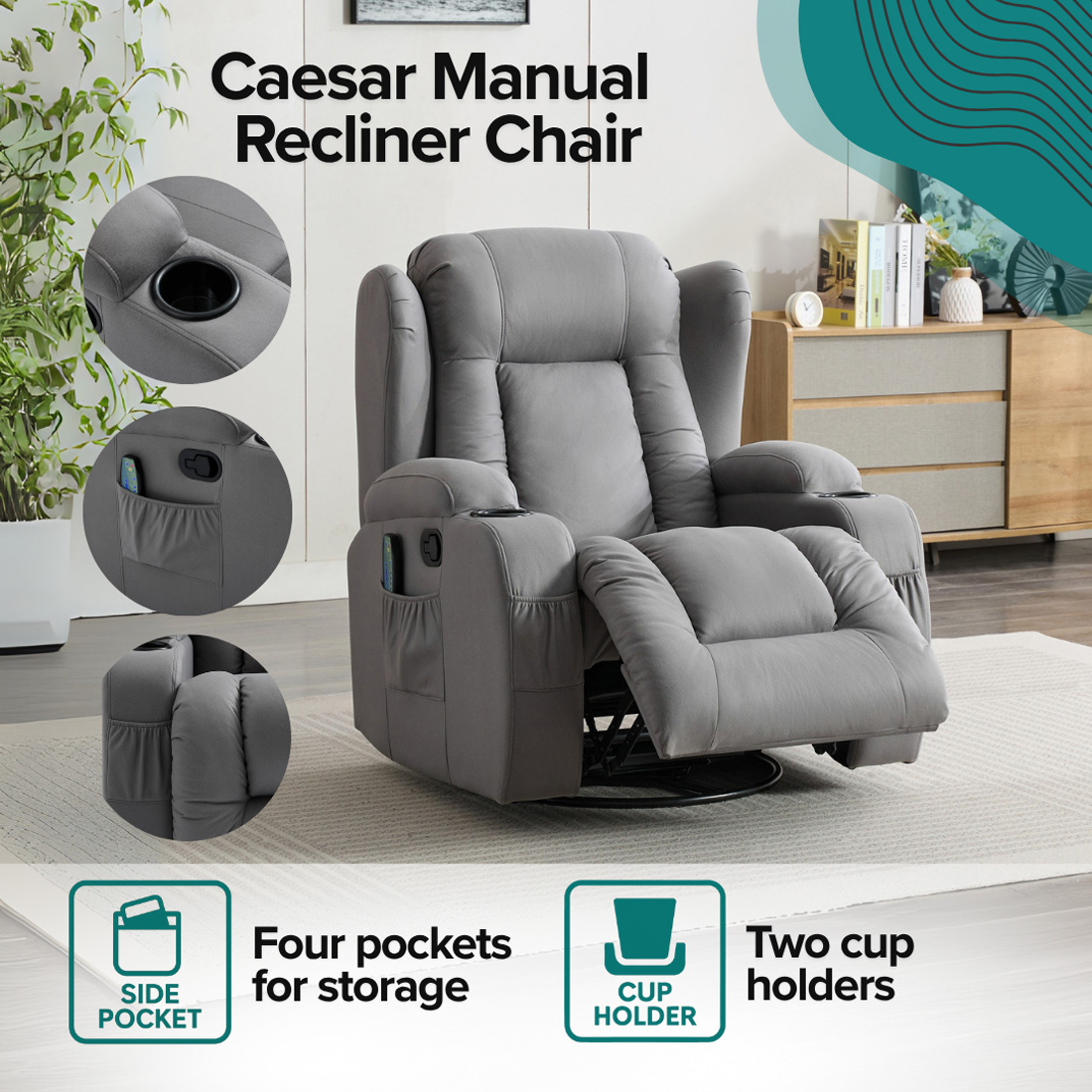 CAESAR 10 IN 1 WINGED LEATHER RECLINER CHAIR ROCKING MASSAGE SWIVEL ...