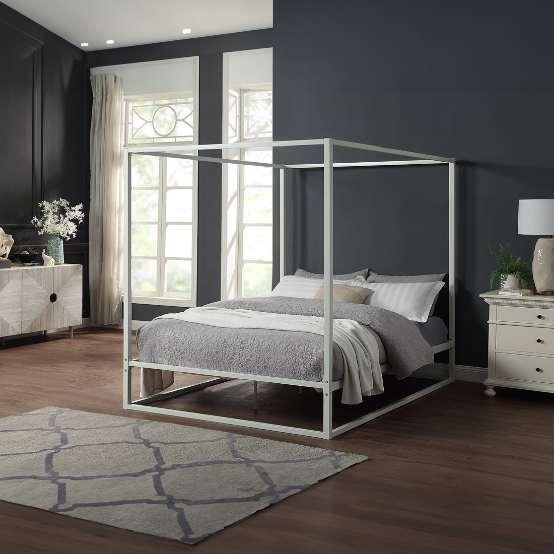 ASHWELL 4 POSTER METAL BED FRAME BLACK/WHITE - SINGLE/SMALL DOUBLE/DOUBLE/KING