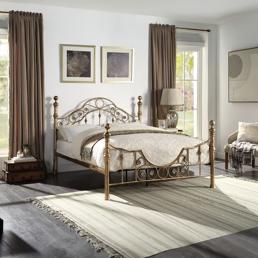 LETCHWORTH VICTORIAN BRUSHED ANTIQUE BRASS METAL BED FRAME - SMALL DOUBLE - KING
