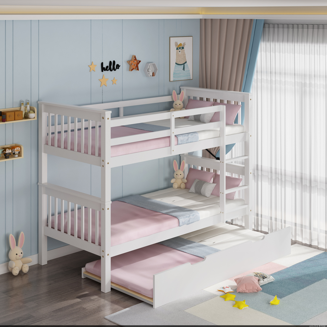 OLIVER WHITE WOODEN BUNK BED WITH TRUNDLE SINGLE - Picture 10 of 55
