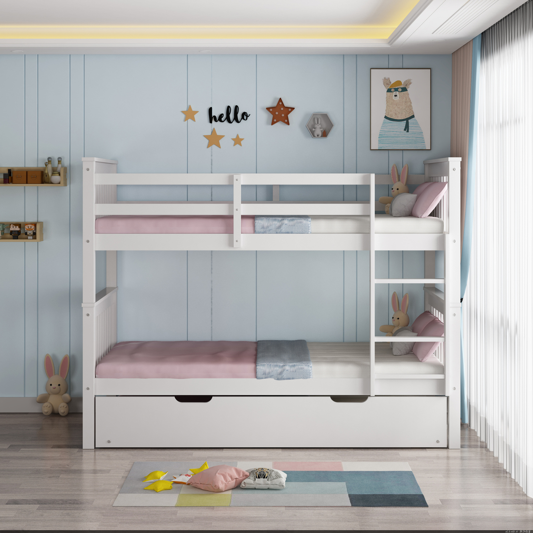 OLIVER WHITE WOODEN BUNK BED WITH TRUNDLE SINGLE - Picture 11 of 55
