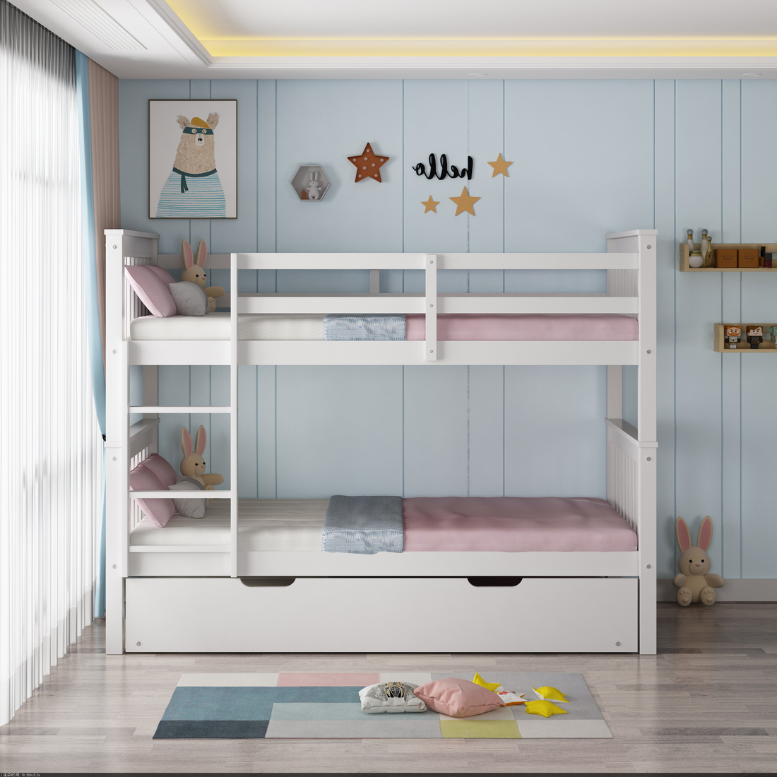 OLIVER WHITE WOODEN BUNK BED WITH TRUNDLE SINGLE - Picture 12 of 55