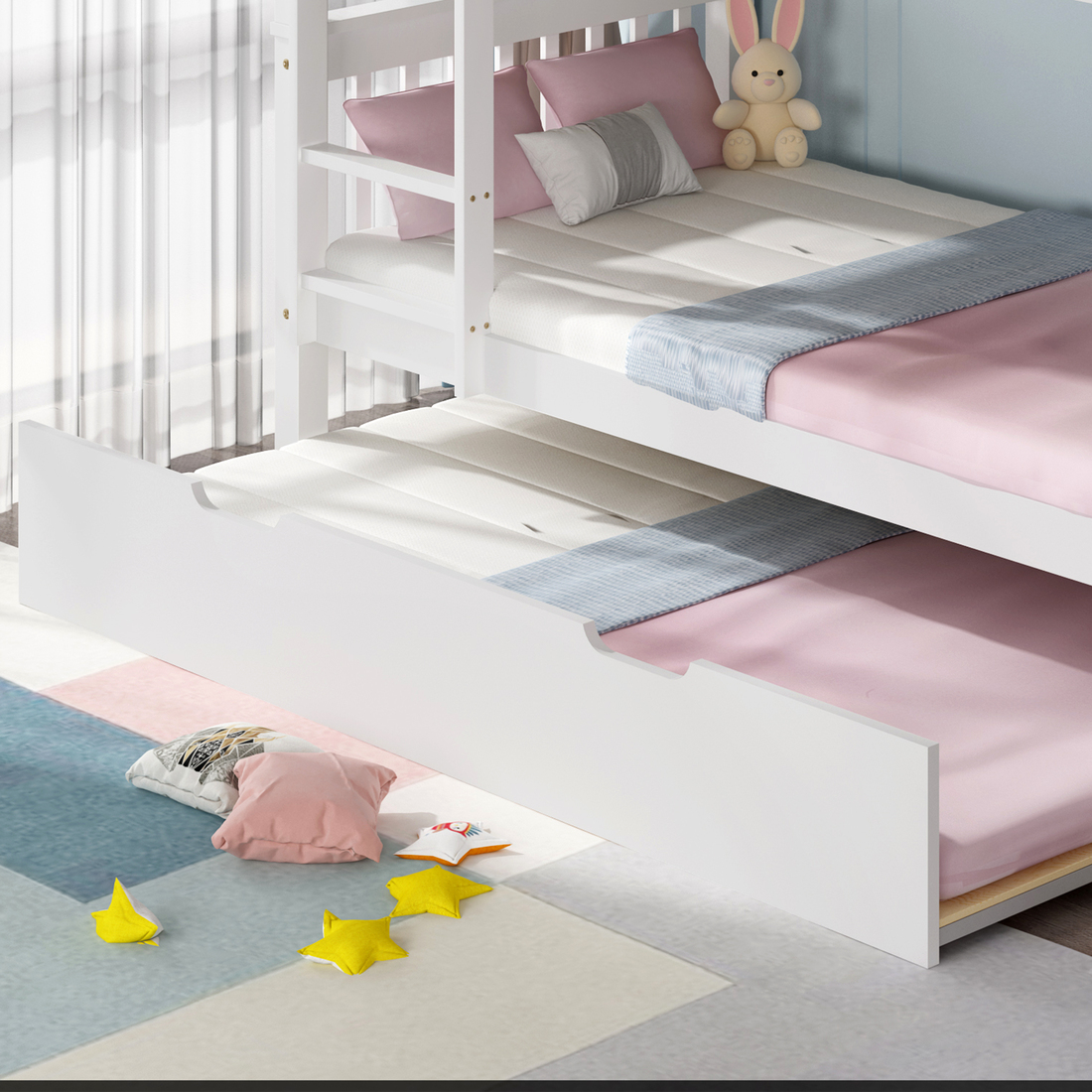 OLIVER WHITE WOODEN BUNK BED WITH TRUNDLE SINGLE - Picture 13 of 55