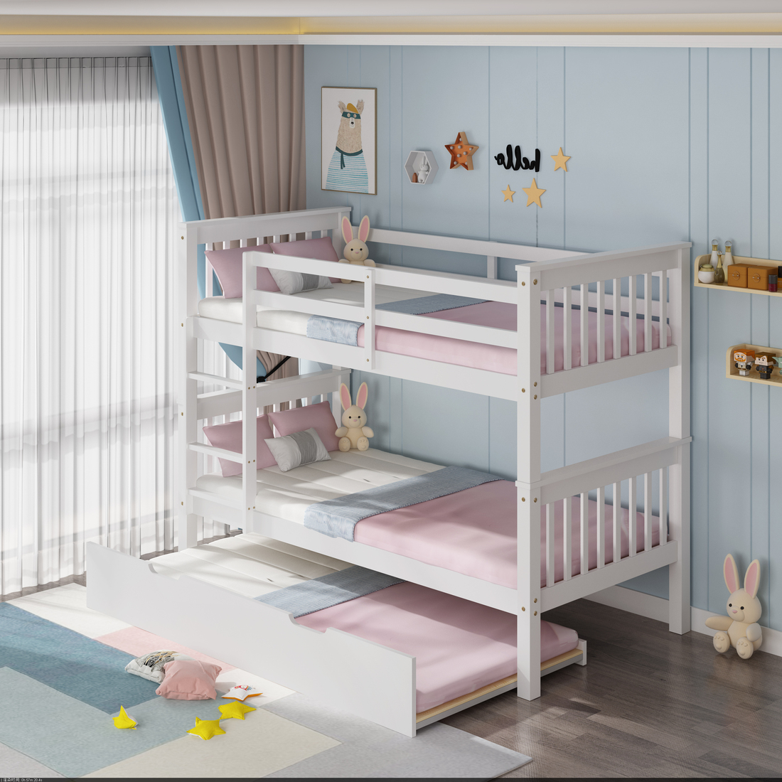 OLIVER WHITE WOODEN BUNK BED WITH TRUNDLE SINGLE - Picture 16 of 55