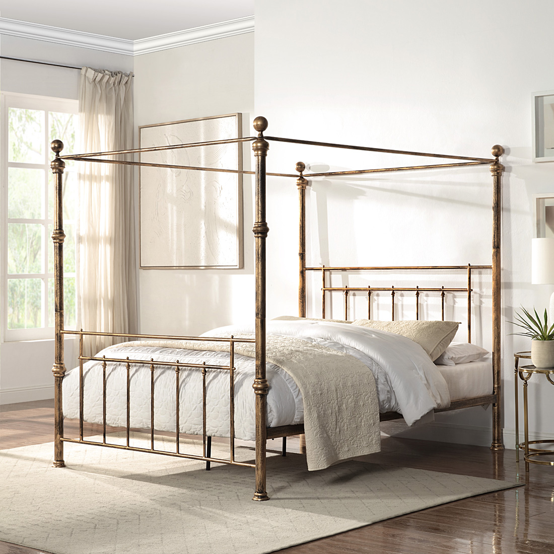 WELWYN VINTAGE VICTORIAN 4 POSTER ANTIQUE BRASS METAL BED FRAME