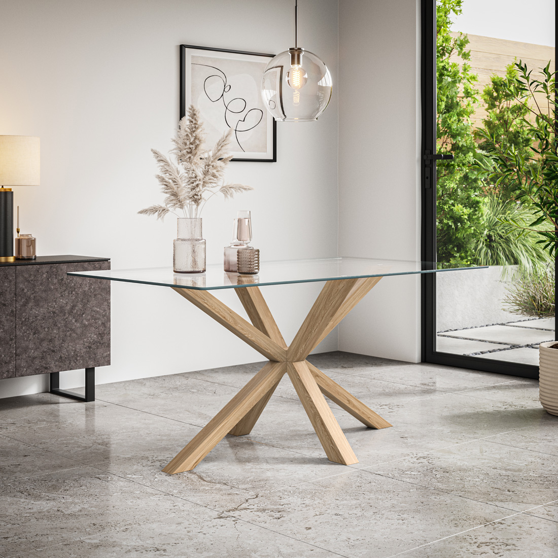 ETTA GLASS DINING TABLE w SOLID OAK LEGS