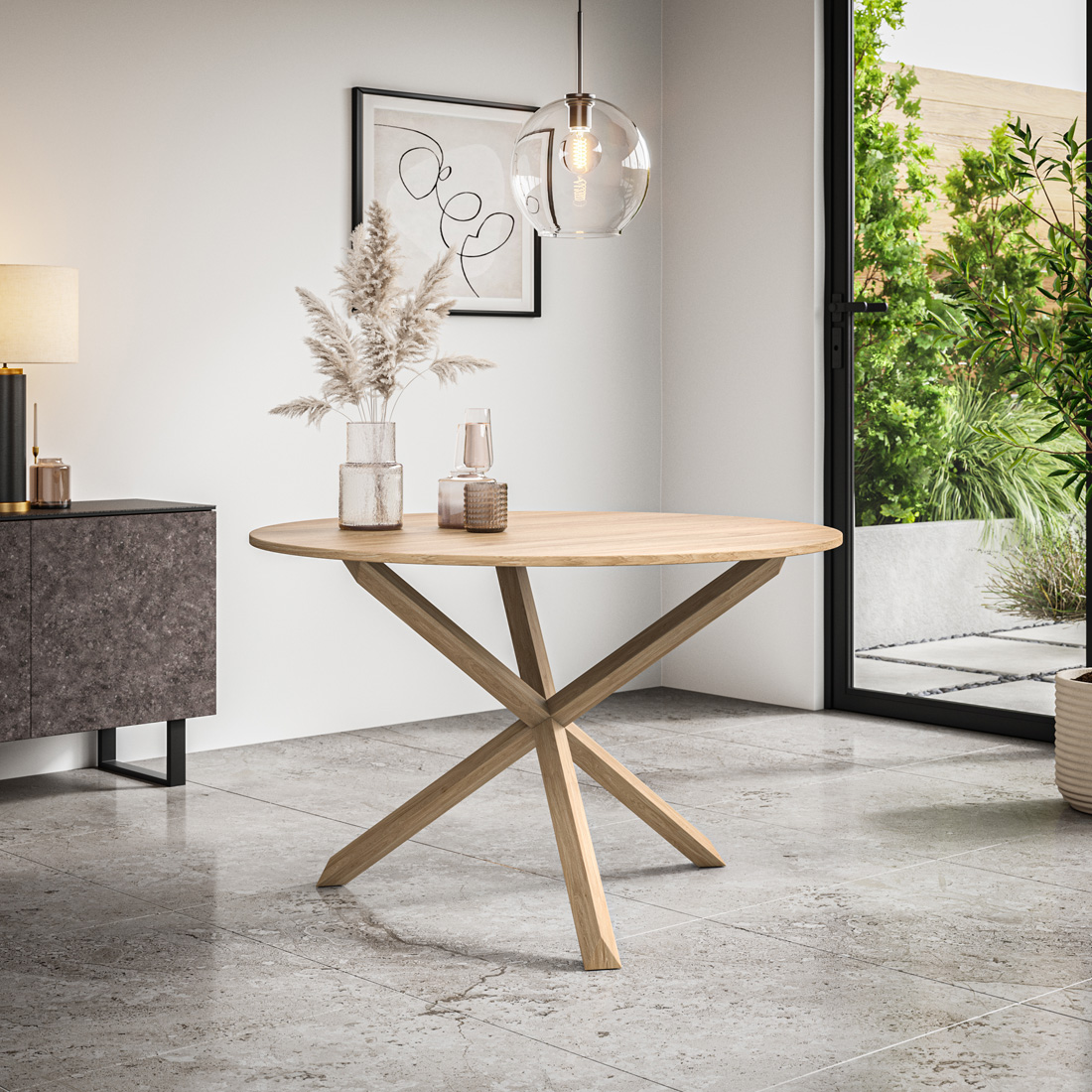 MALVERN ROUND DINING TABLE w SOLID OAK LEGS
